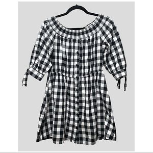 BOUTIQUE | GINGHAM PLAID BUTTON FRONT OFF THE SHOULDER MINI DRESS